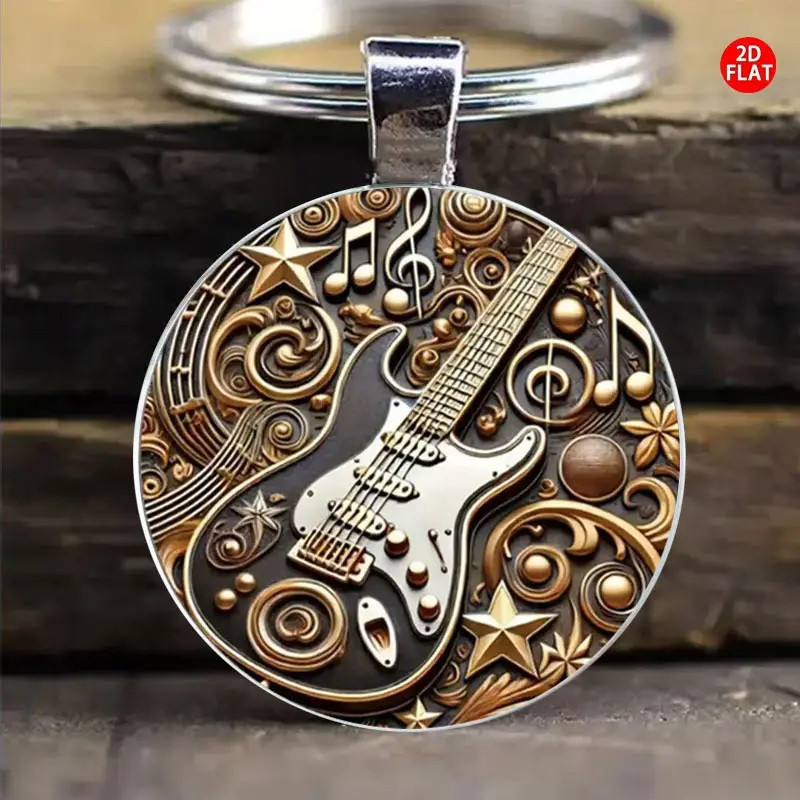 Retro Rock Guitar & Noter og Stjerne Design Elegante Zink Legering Kuppel Nøglering / Vedhæng