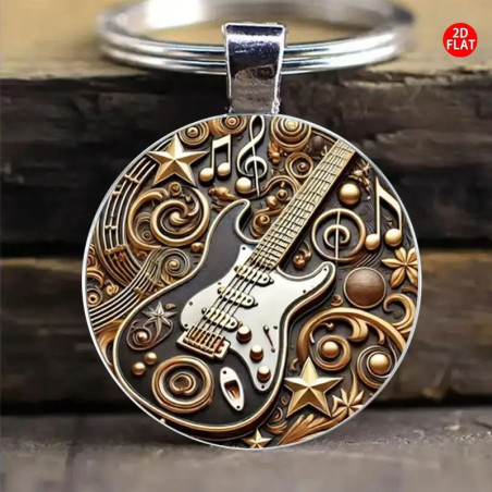 Retro Rock Guitar & Noter og Stjerne Design Elegante Zink Legering Kuppel Nøglering / Vedhæng