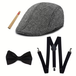 Festpakken fra 1920'er Herre Newsboy Manhattan Hat, Y-Back Seler, Butterfly, Og Cigar Props