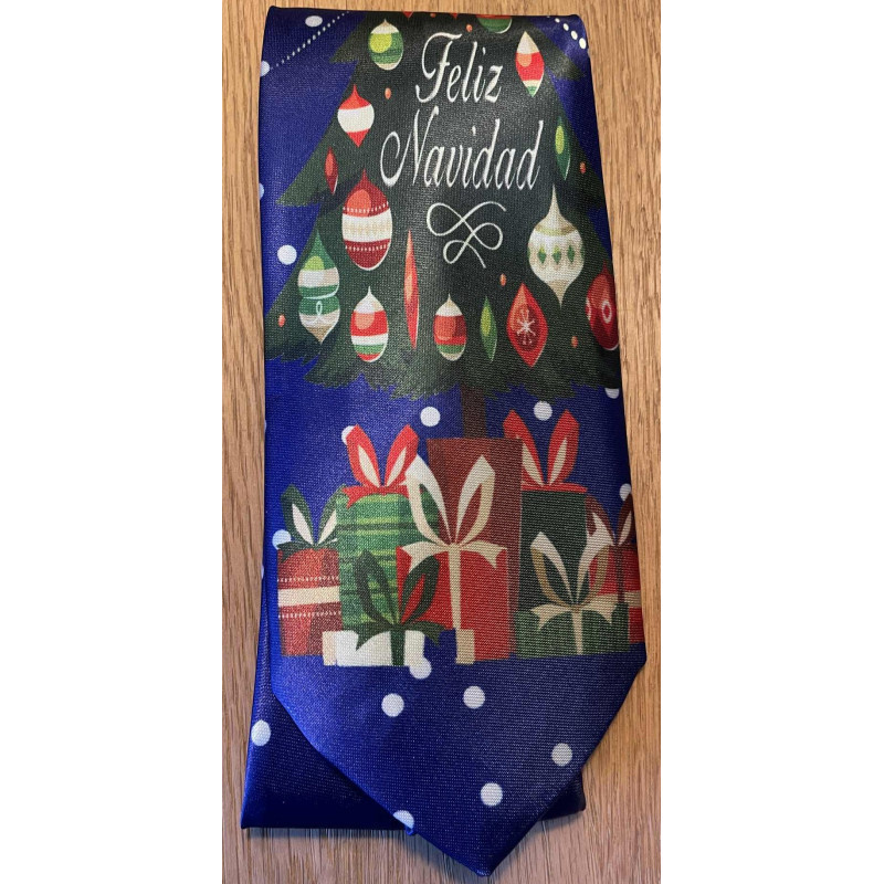Herre Jule Slips med jule pakker i Blå med teksten Feliz Navidad