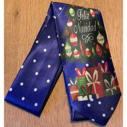 Herre Jule Slips med jule pakker i Blå med teksten Feliz Navidad